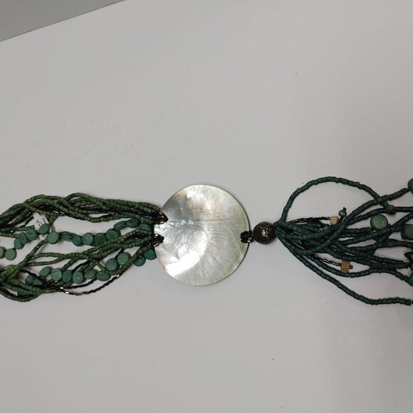 3/$30 Boho 70s Large Seashell Pendant Teal Wooden Bead Layered Necklacr Retro - Picture 4 of 10